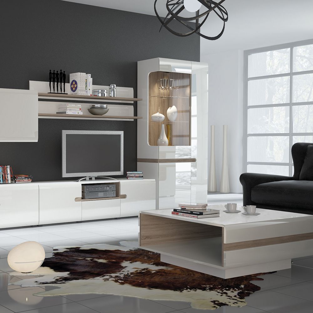 Chelsea Living Tall Glazed Narrow Display Unit in White with Oak Trim