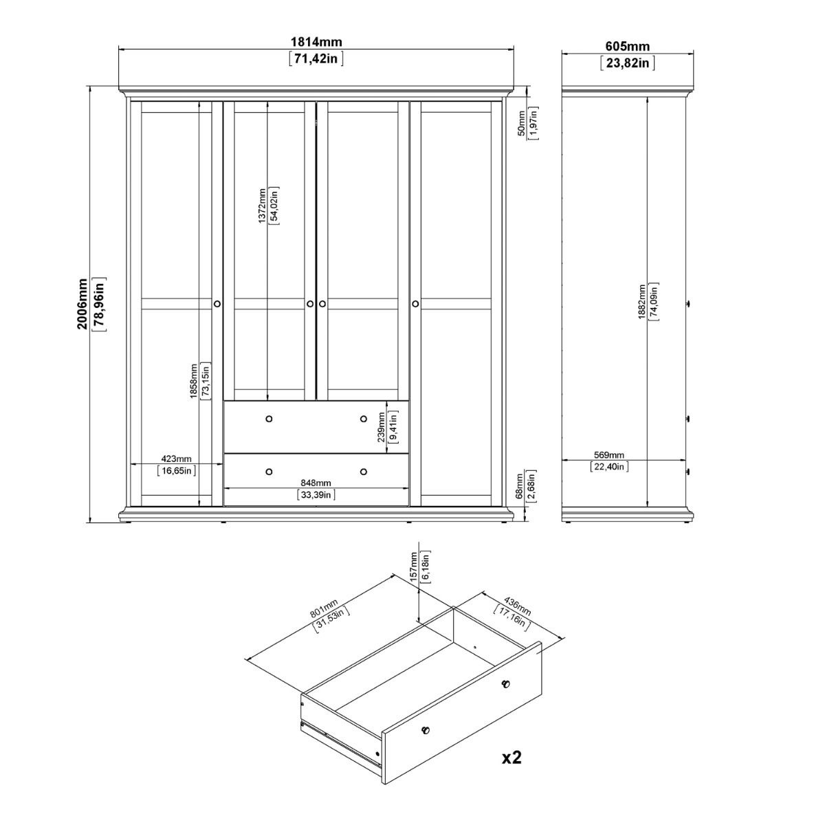 Paris Wardrobe with 4 Doors and 2 Drawers