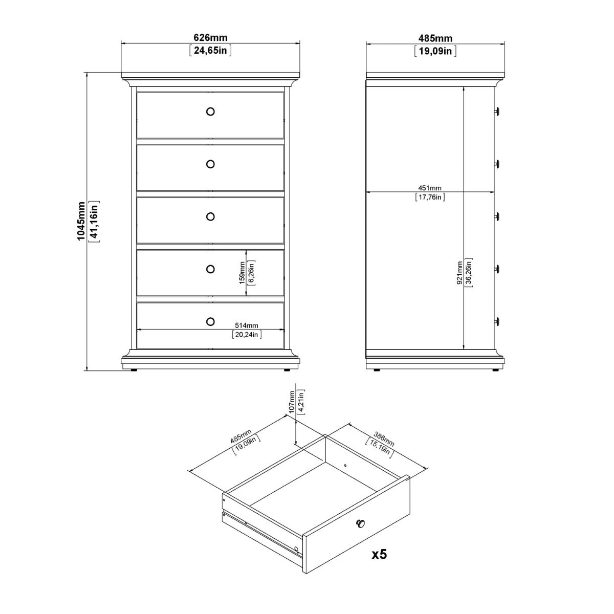 Paris Chest 5 Drawers in Grey