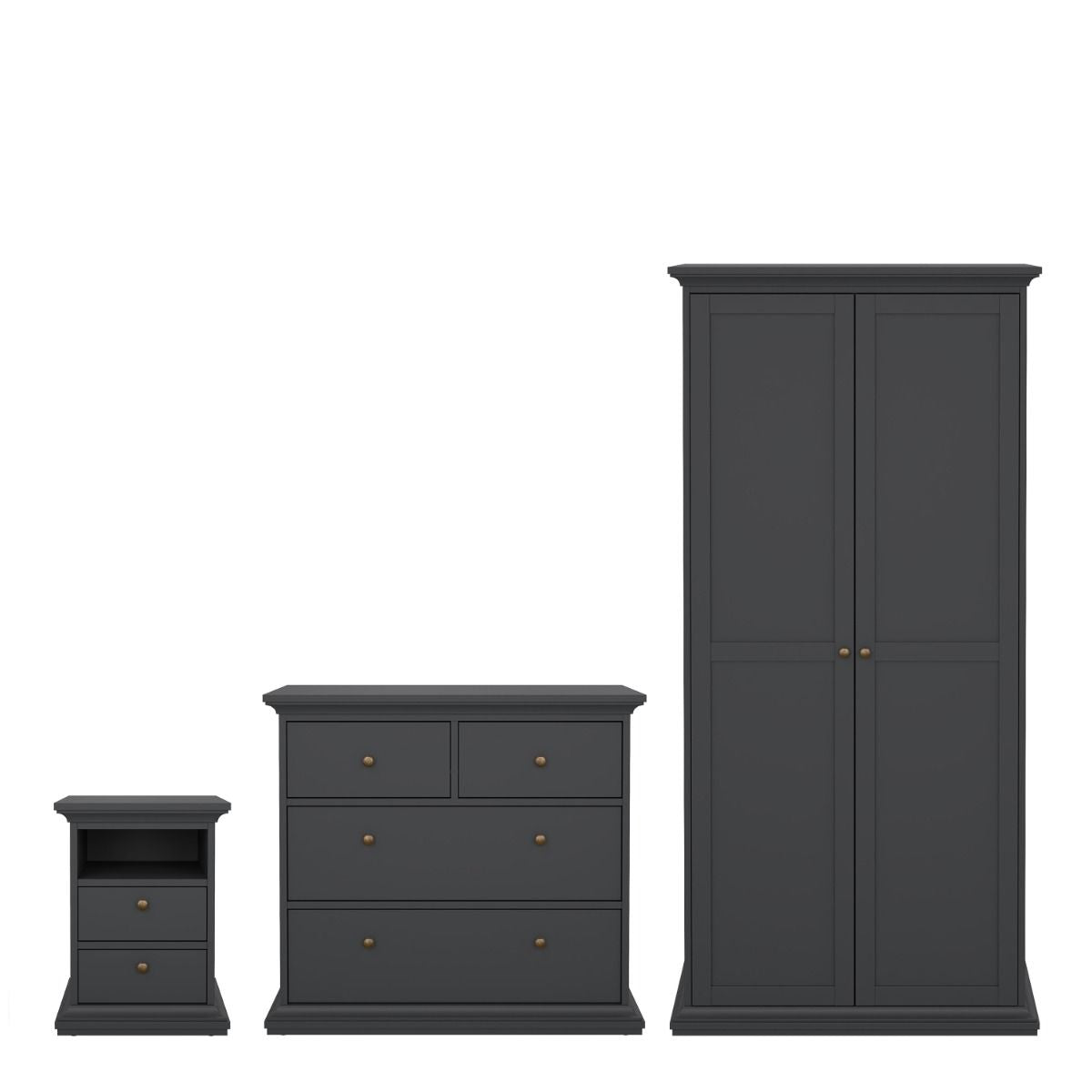 Paris Package - Bedside 2 Drawers + Chest of 4 Drawers + Wardrobe with 2 Doors White