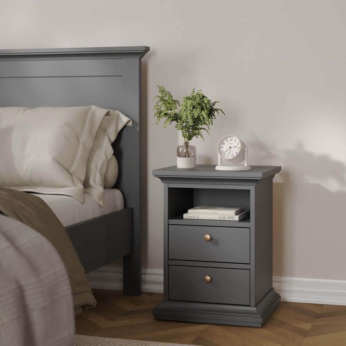 Paris Package - Bedside 2 Drawers + Chest of 4 Drawers + Wardrobe with 2 Doors White
