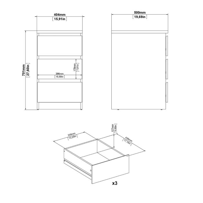 Naia Bedside with 3 Drawers in Black Matt