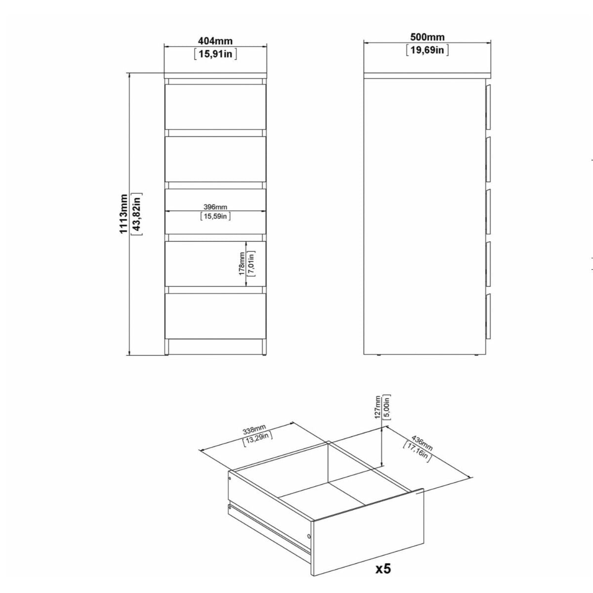 Naia Narrow Chest of 5 Drawers
