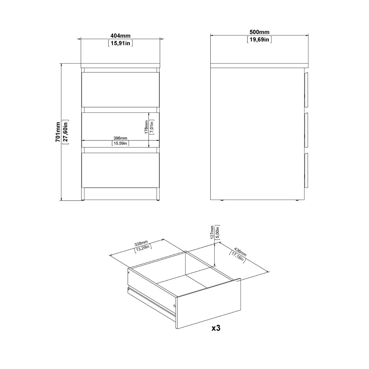 Naia Bedside Table 3 Drawers
