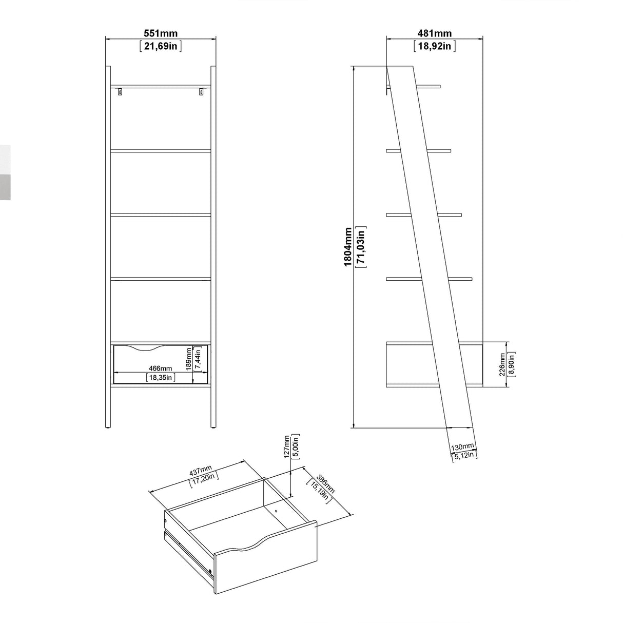Oslo Leaning Bookcase 1 Drawer in White and Brown