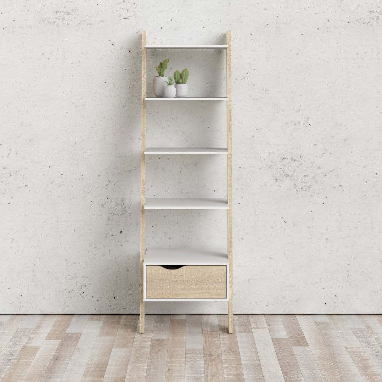 Oslo Leaning Bookcase 1 Drawer in White and Brown