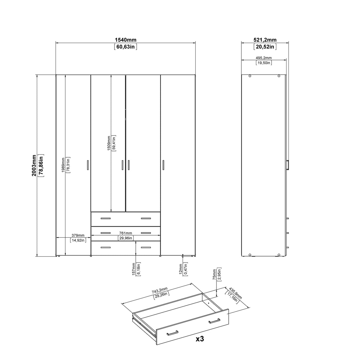 Space Wardrobe - 4 Doors 3 Drawers