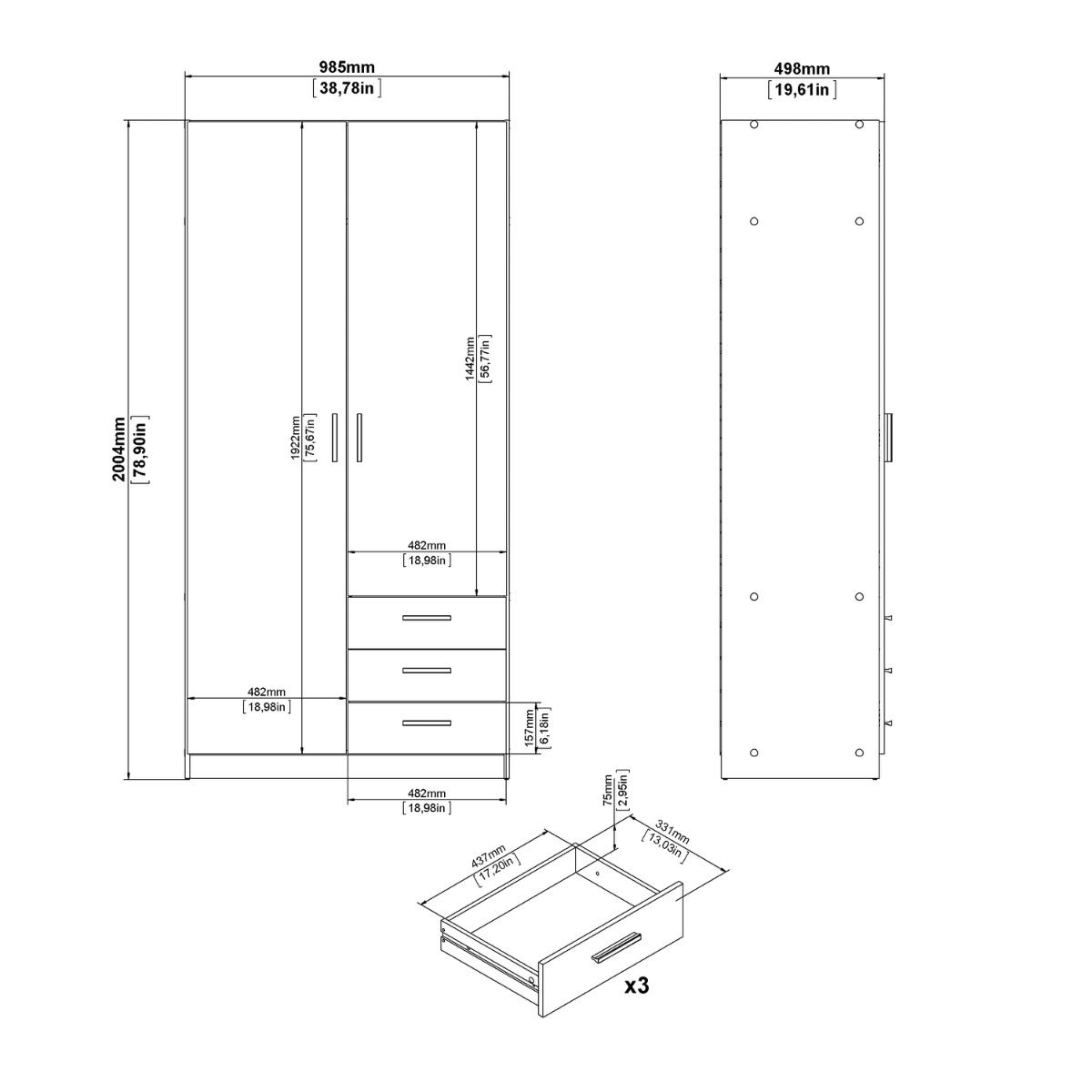 Sprint Wardrobe with 2 Doors + 3 Drawers
