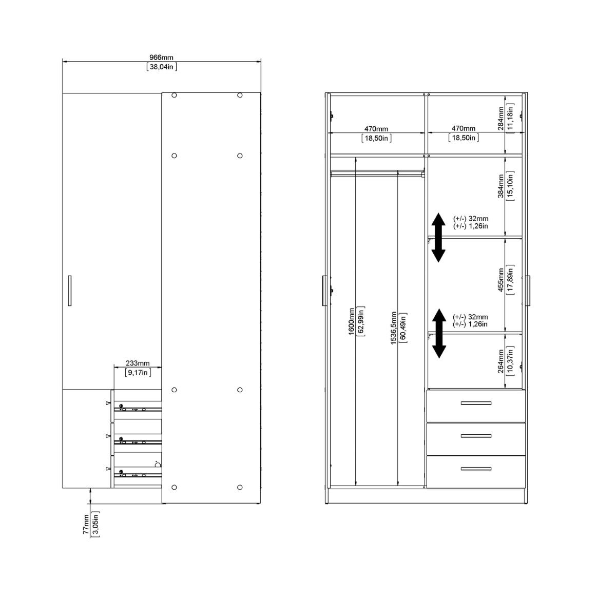 Sprint Wardrobe with 2 Doors + 3 Drawers
