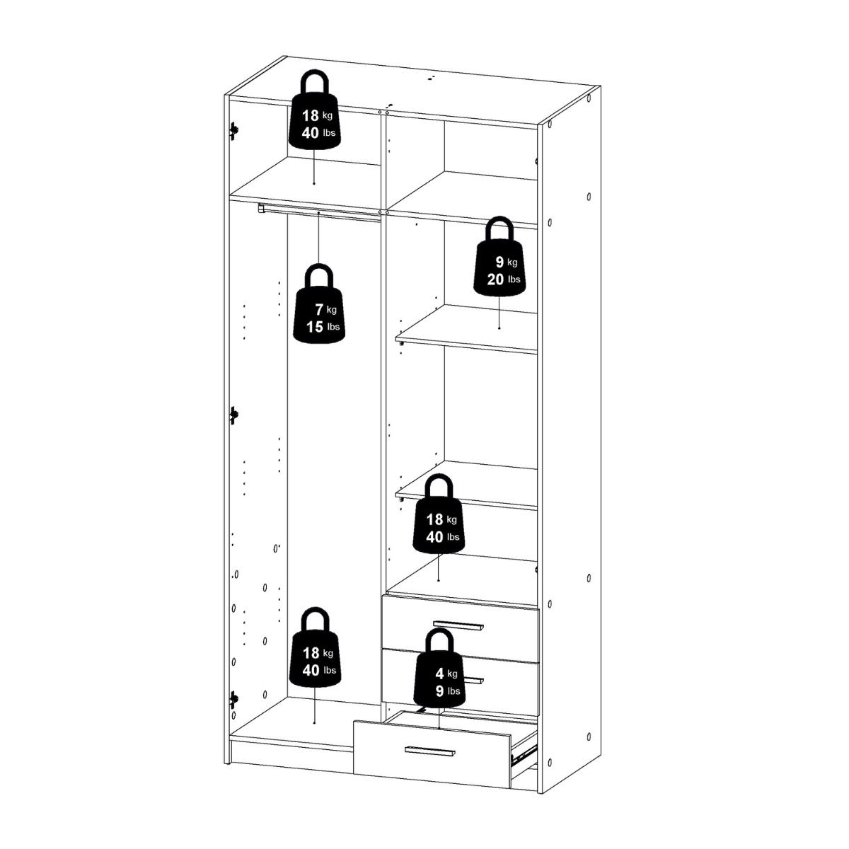 Sprint Wardrobe with 2 Doors + 3 Drawers