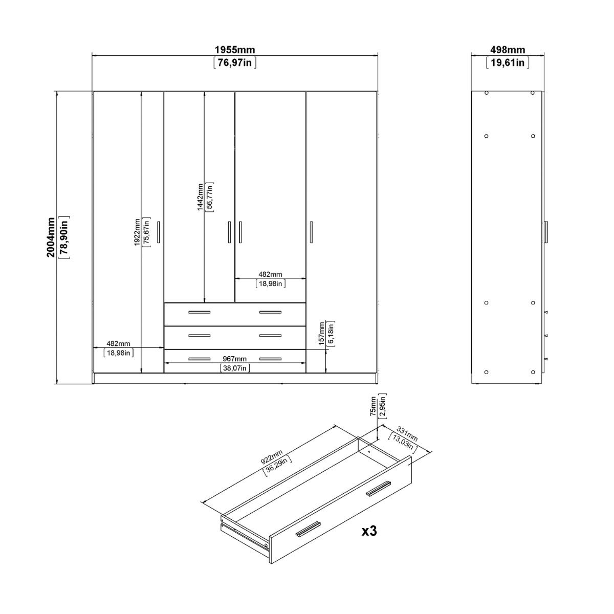 Sprint Wardrobe with 4 Doors + 3 Drawers
