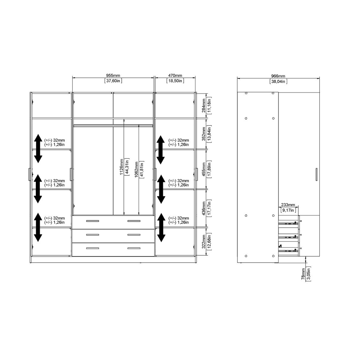 Sprint Wardrobe with 4 Doors + 3 Drawers