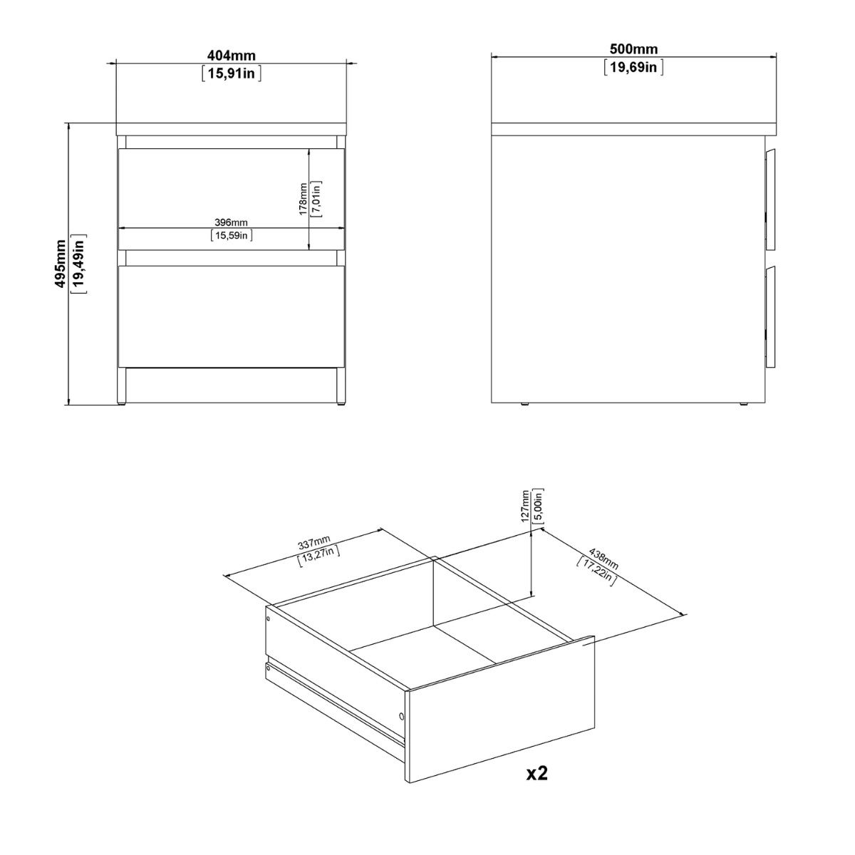 Naia Bedside 2 Drawers