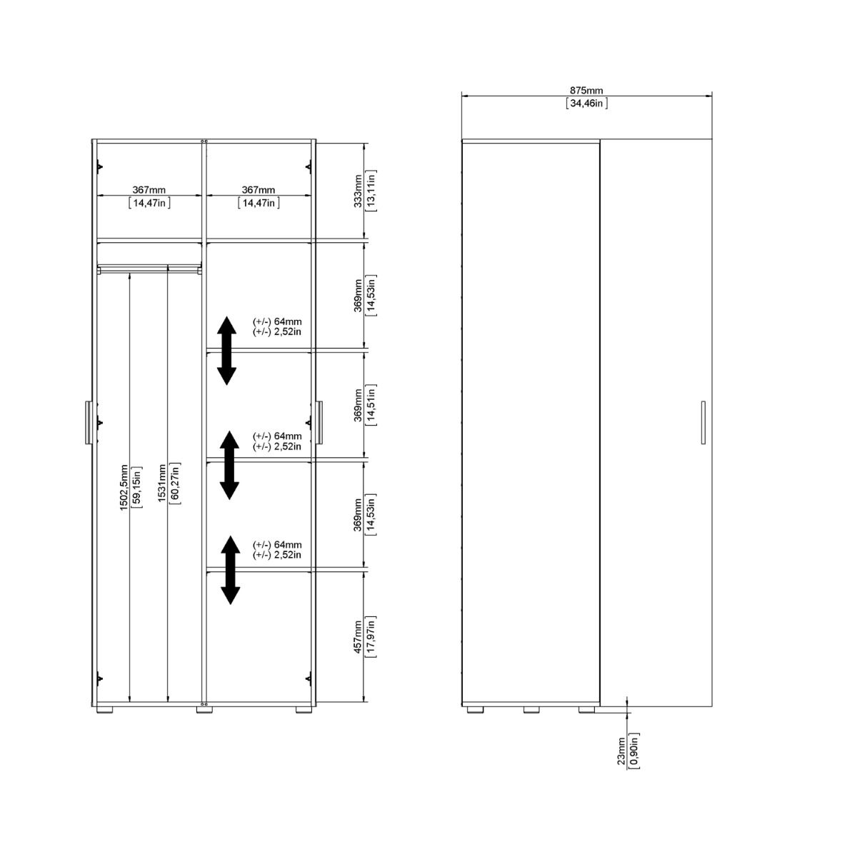 Pepe Wardrobe with 2 doors in Brown with White High Gloss