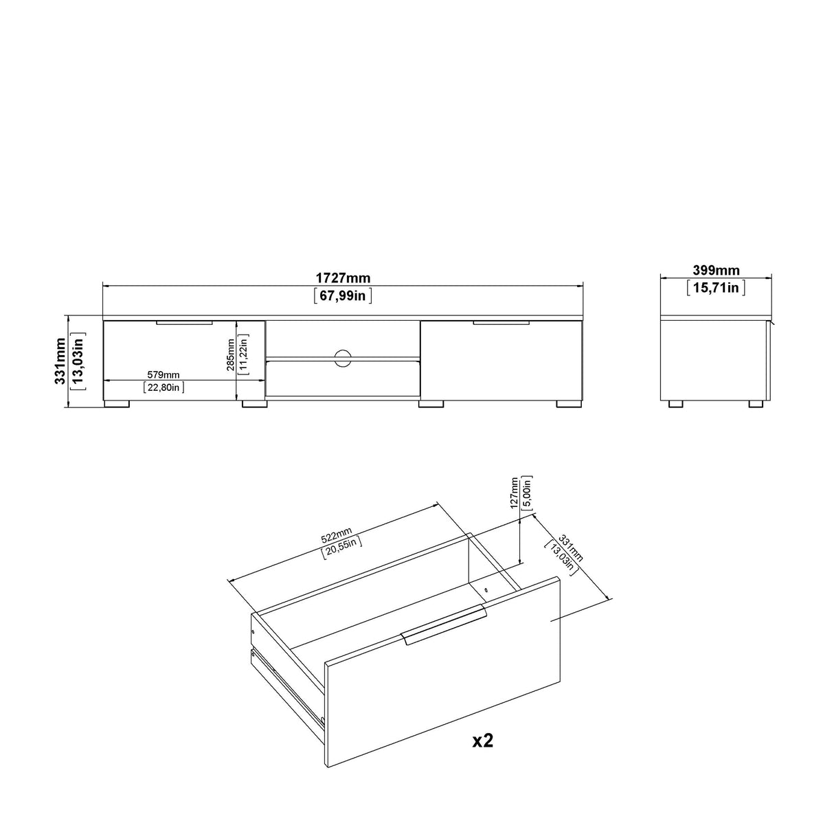 Match TV Unit with 2 Drawers in White Gloss