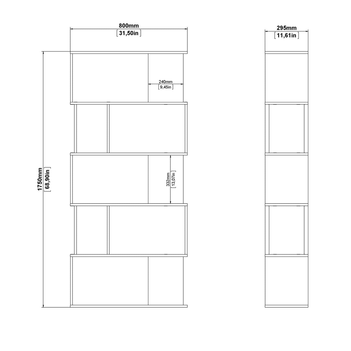 Maze Open Bookcase 4 Shelves in Hickory Brown and White