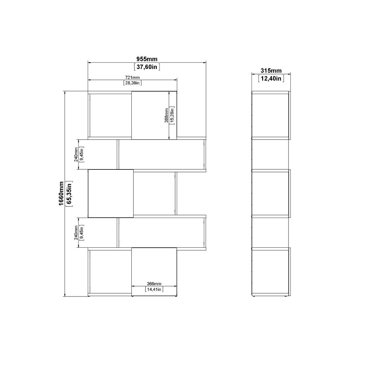 Maze Asymmetrical Bookcase with 3 Doors in Brown and Concrete