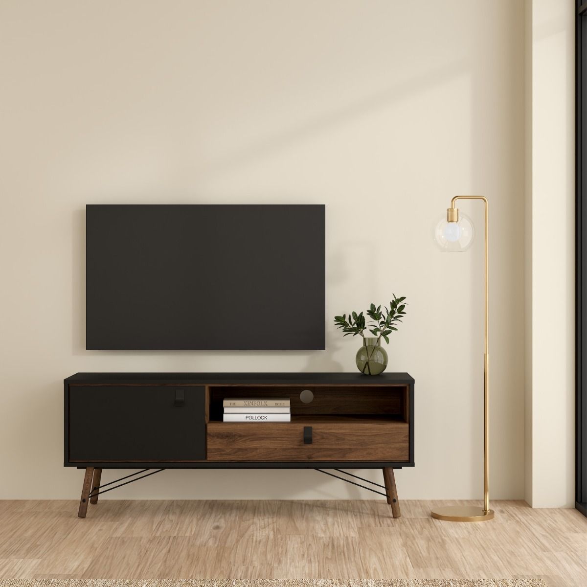 Ry TV Unit with Drawer and Door in Matt Black Walnut