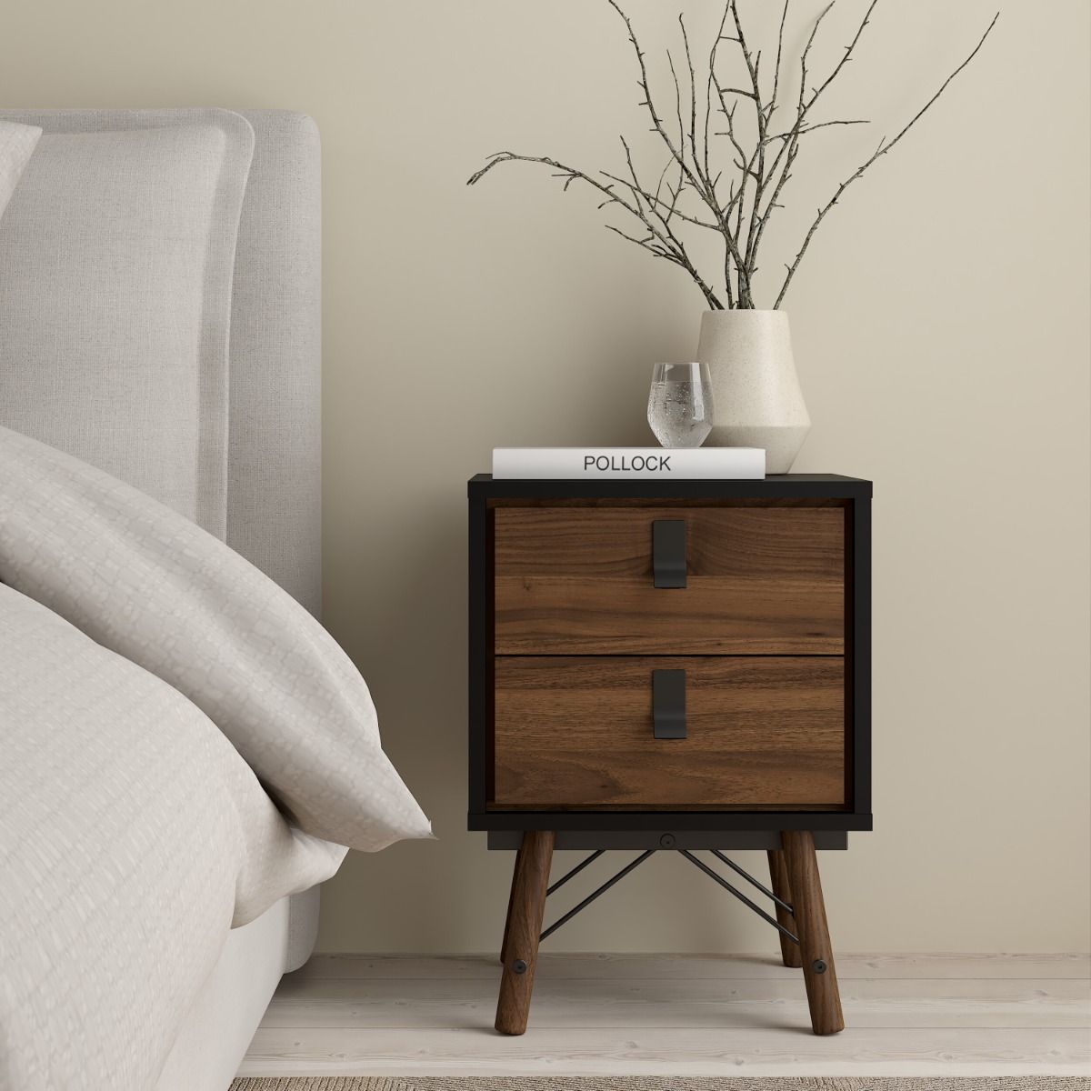 Ry Bedside Cabinet 2 Drawers Matt Black Walnut