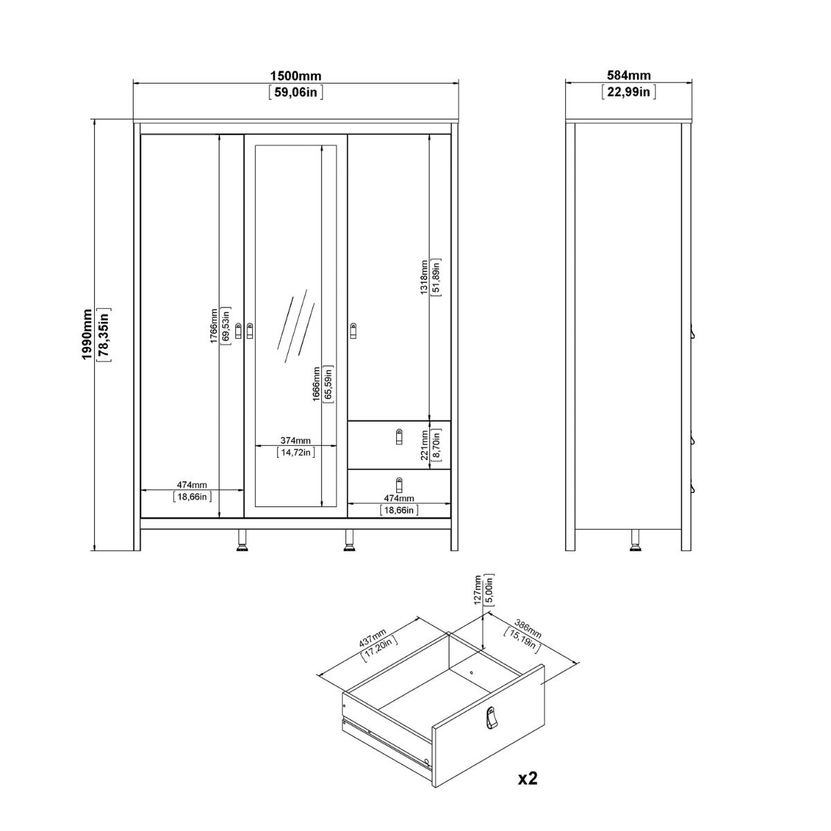 Barcelona Wardrobe with 2 Doors 1 Mirror Door 2 Drawers