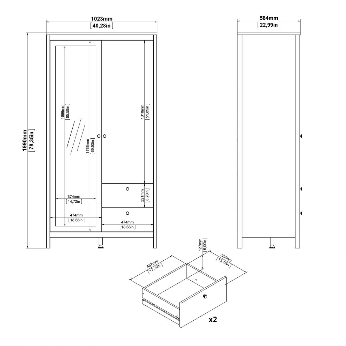 Madrid Wardrobe with 1 Door 1 Mirror Door 2 Drawers