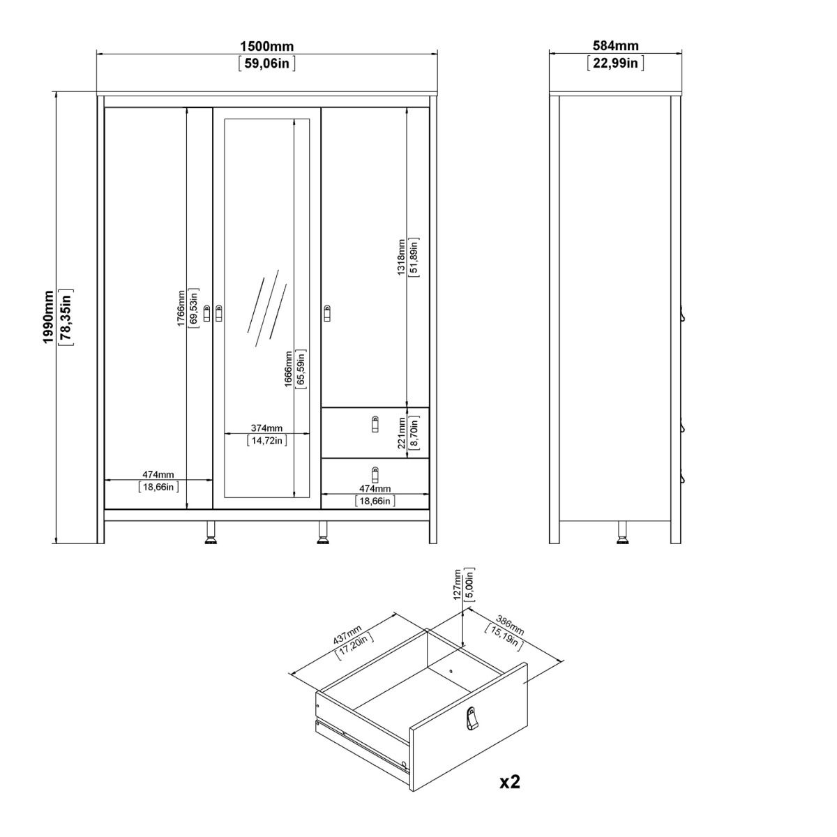 Madrid Wardrobe with 2 Doors 1 Mirror Door 2 Drawers