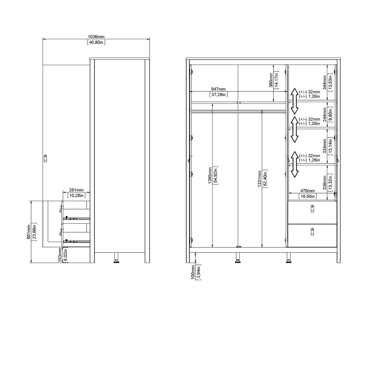 Madrid Wardrobe with 2 Doors 1 Mirror Door 2 Drawers