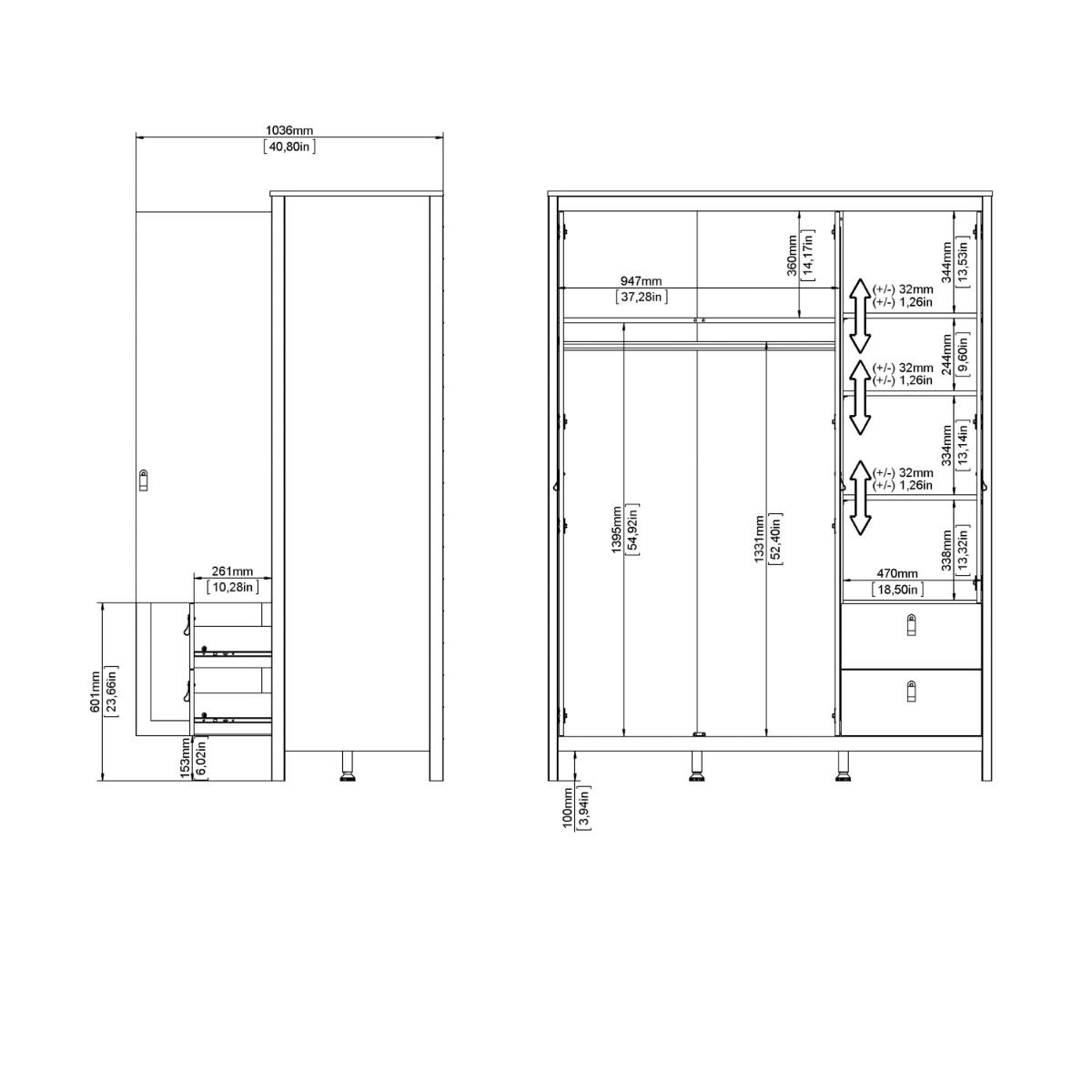 Madrid Wardrobe with 2 Doors + 1 Mirror Door + 2 Drawers in Cashmere