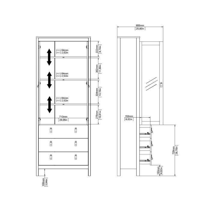 Madrid China Cabinet 2 Glass Doors with 3 Drawers