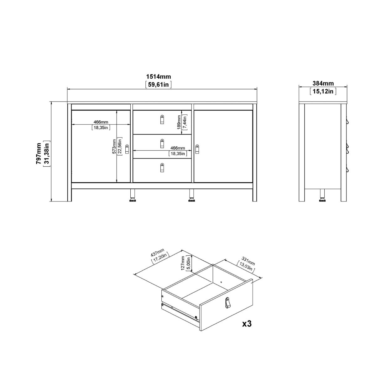 Madrid Sideboard 2 Doors + 3 Drawers
