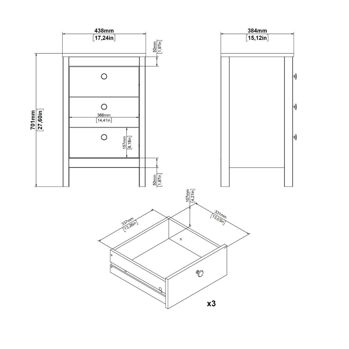 Madrid Bedside Table 3 Drawers