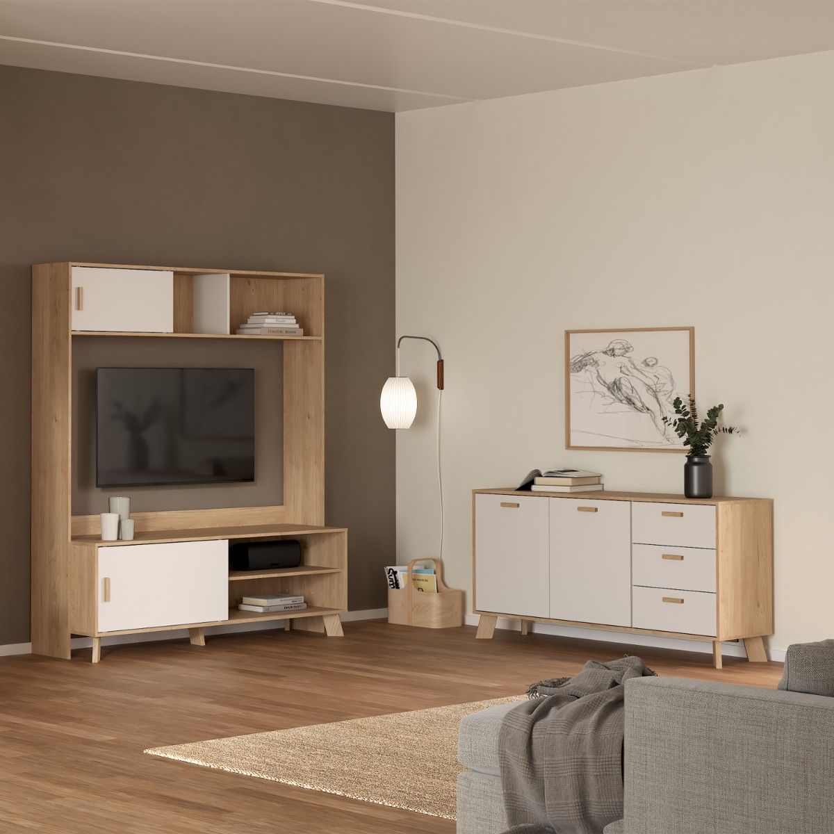 Ikast Sideboard 2 Doors 3 Drawers in Jackson Hickory and White