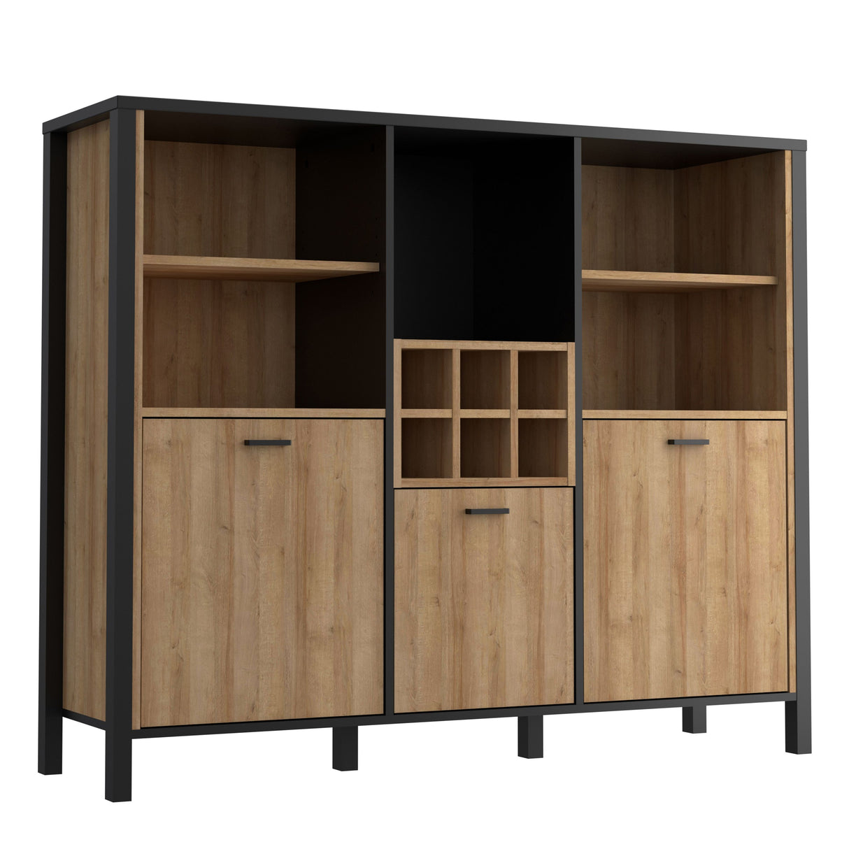 High Rock Wide Shelf Unit in Matt Black/Riviera Brown With 3 Drawers
