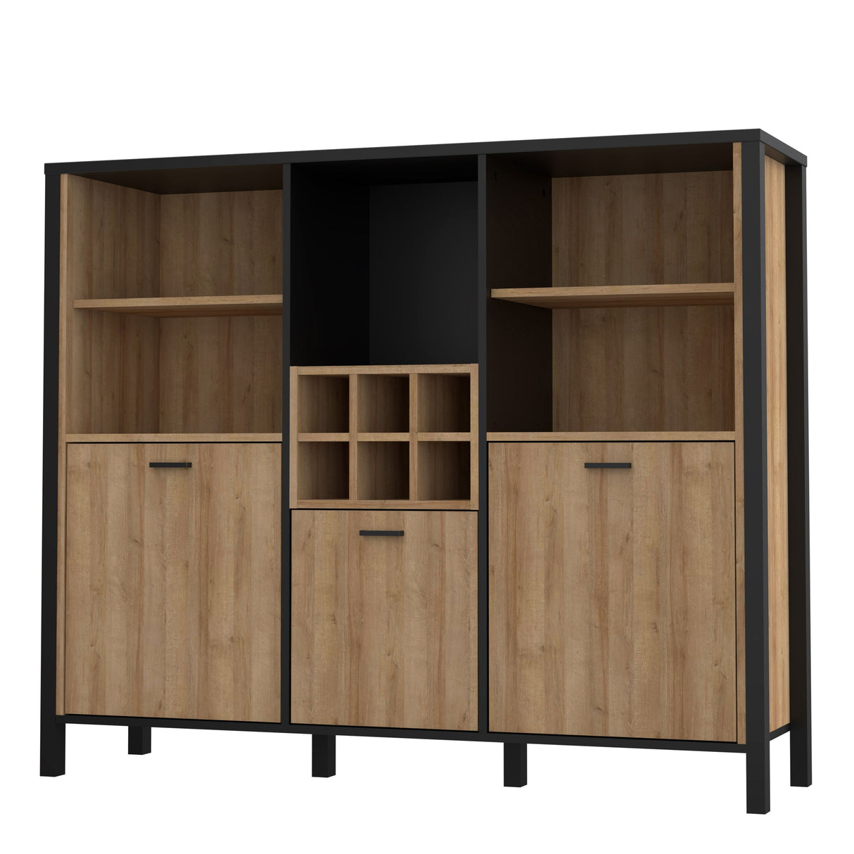 High Rock Wide Shelf Unit in Matt Black/Riviera Brown With 3 Drawers