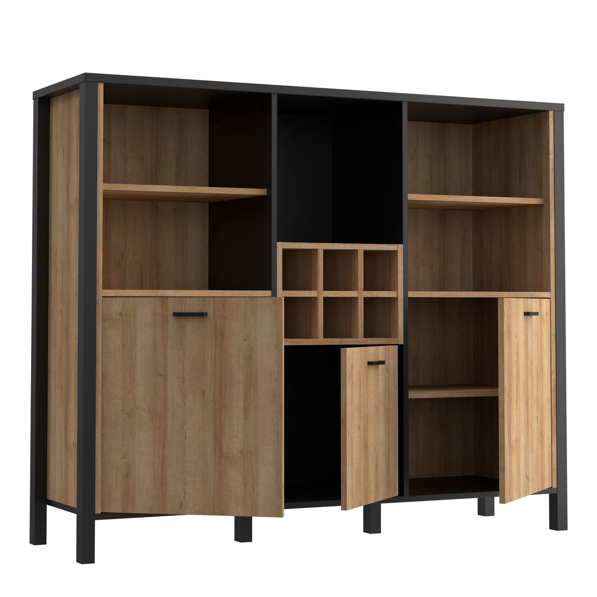 High Rock Wide Shelf Unit in Matt Black/Riviera Brown With 3 Drawers