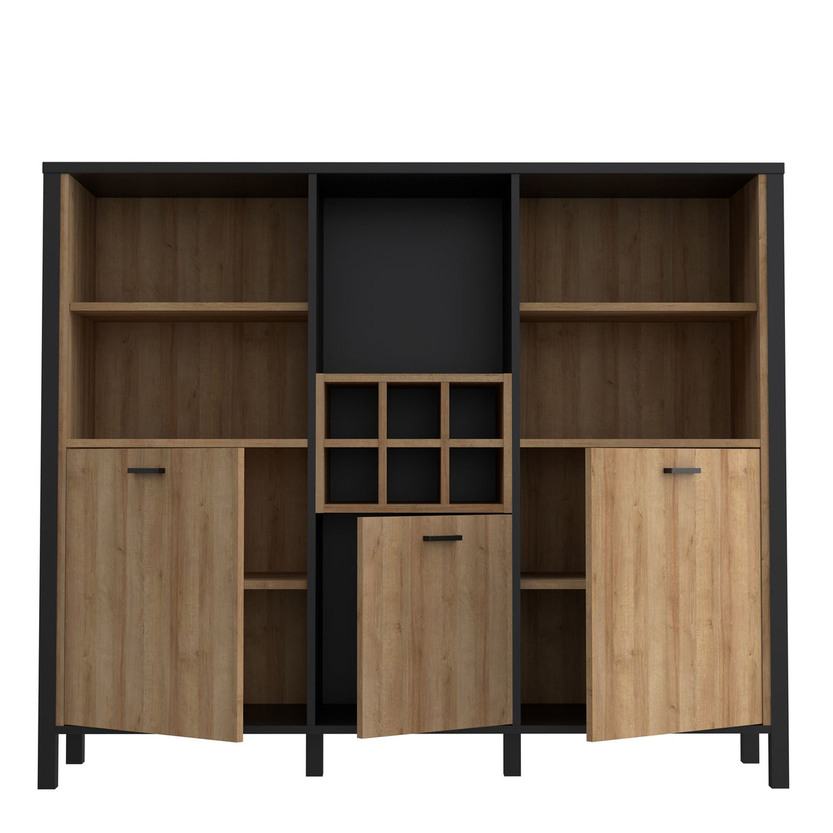 High Rock Wide Shelf Unit in Matt Black/Riviera Brown With 3 Drawers