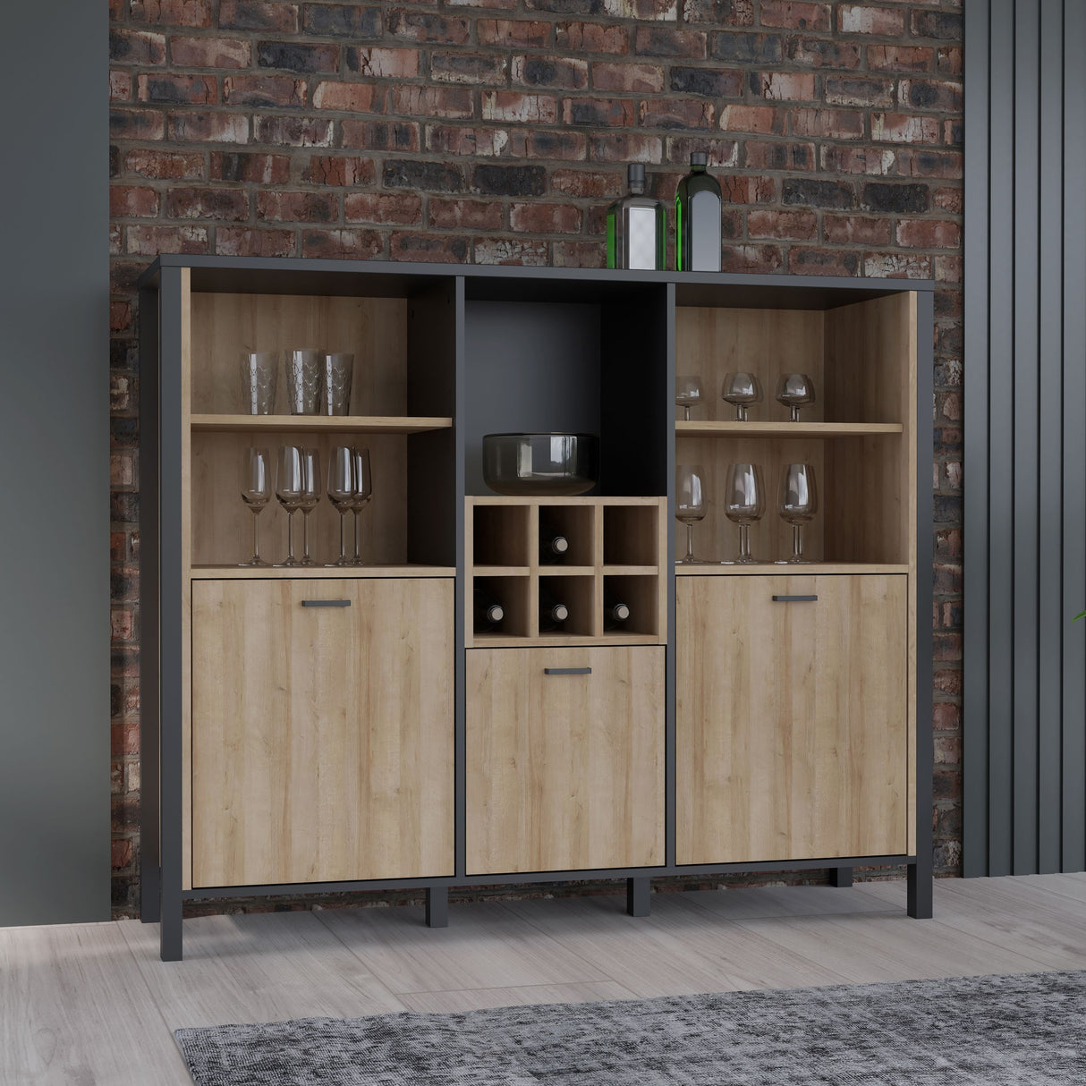 High Rock Wide Shelf Unit in Matt Black/Riviera Brown With 3 Drawers