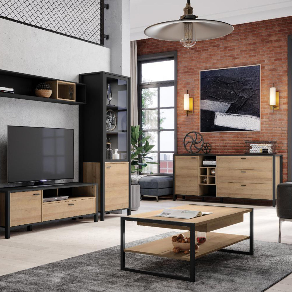 High Rock Wide Display Cabinet in Matt Black/Riviera Brown