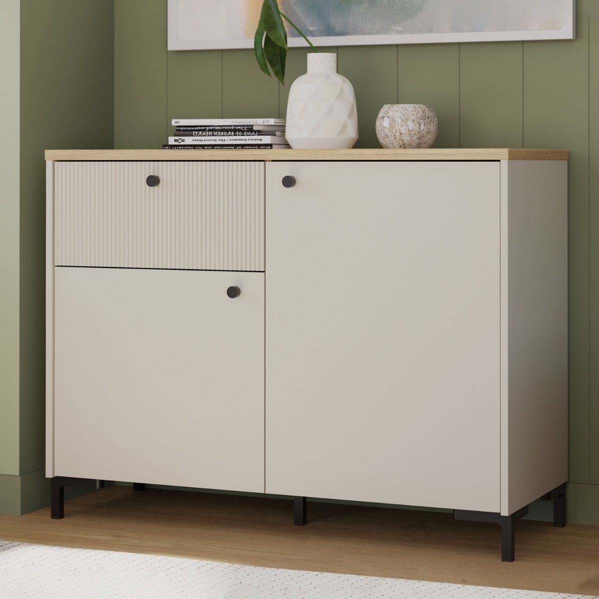 Bixbite Sideboard with Fluted Detail, Drawer & Cupboard in Mauvella Brown and Sand