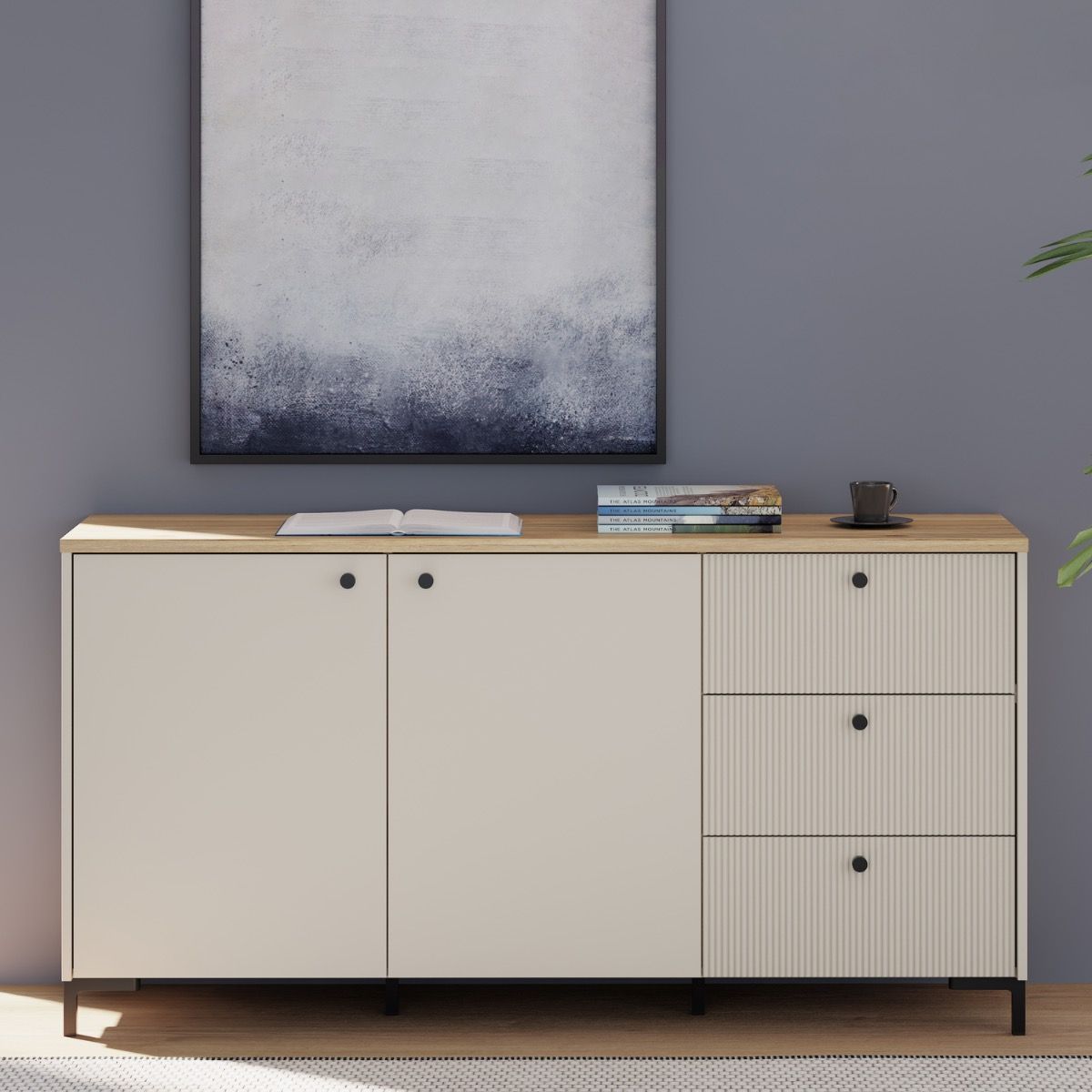 Bixbite Wide Sideboard with Fluted Drawers & Cupboard in Mauvella Brown and Sand