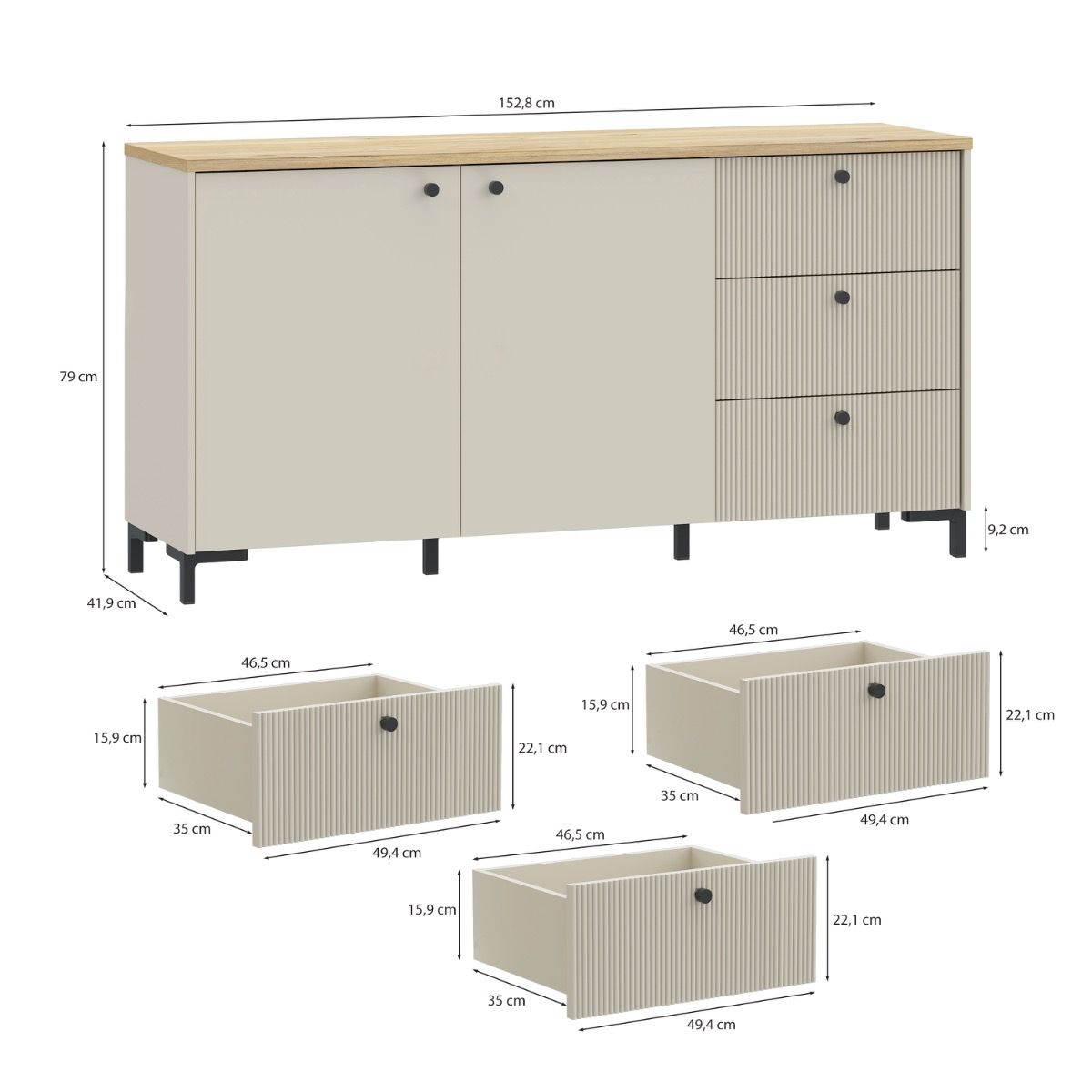 Bixbite Wide Sideboard with Fluted Drawers & Cupboard in Mauvella Brown and Sand