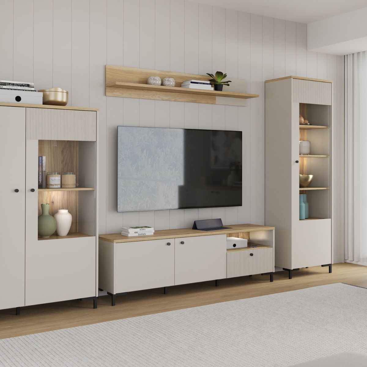 Bixbite Wide TV Unit with Fluted Drawer, Open Shelf & Cupboard in Mauvella Brown and Sand