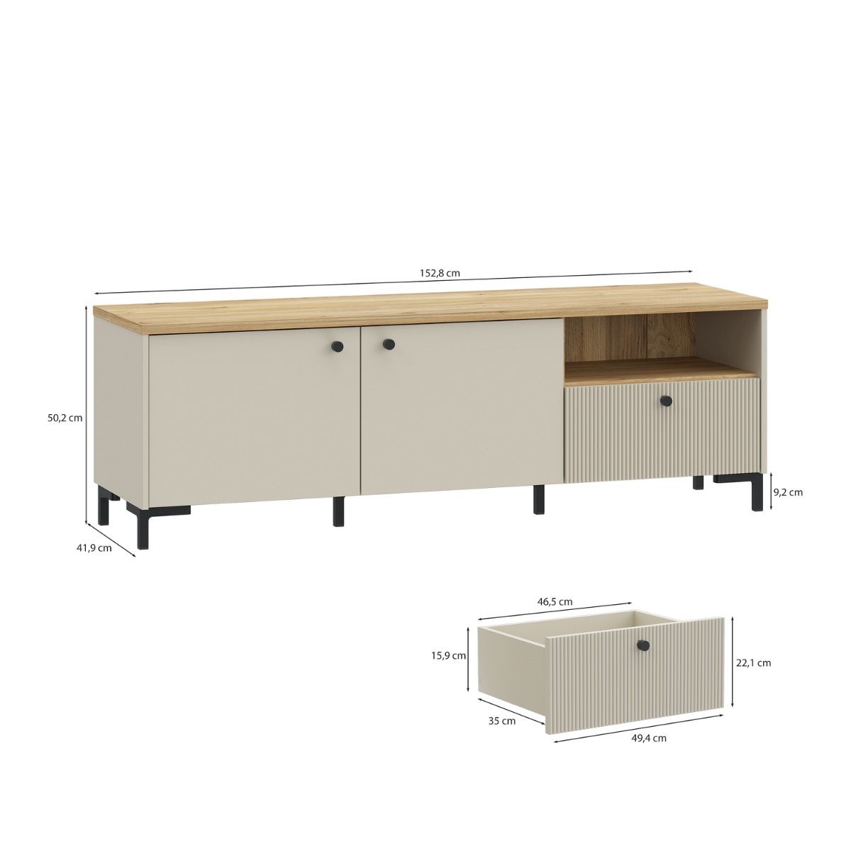 Bixbite Wide TV Unit with Fluted Drawer, Open Shelf & Cupboard in Mauvella Brown and Sand