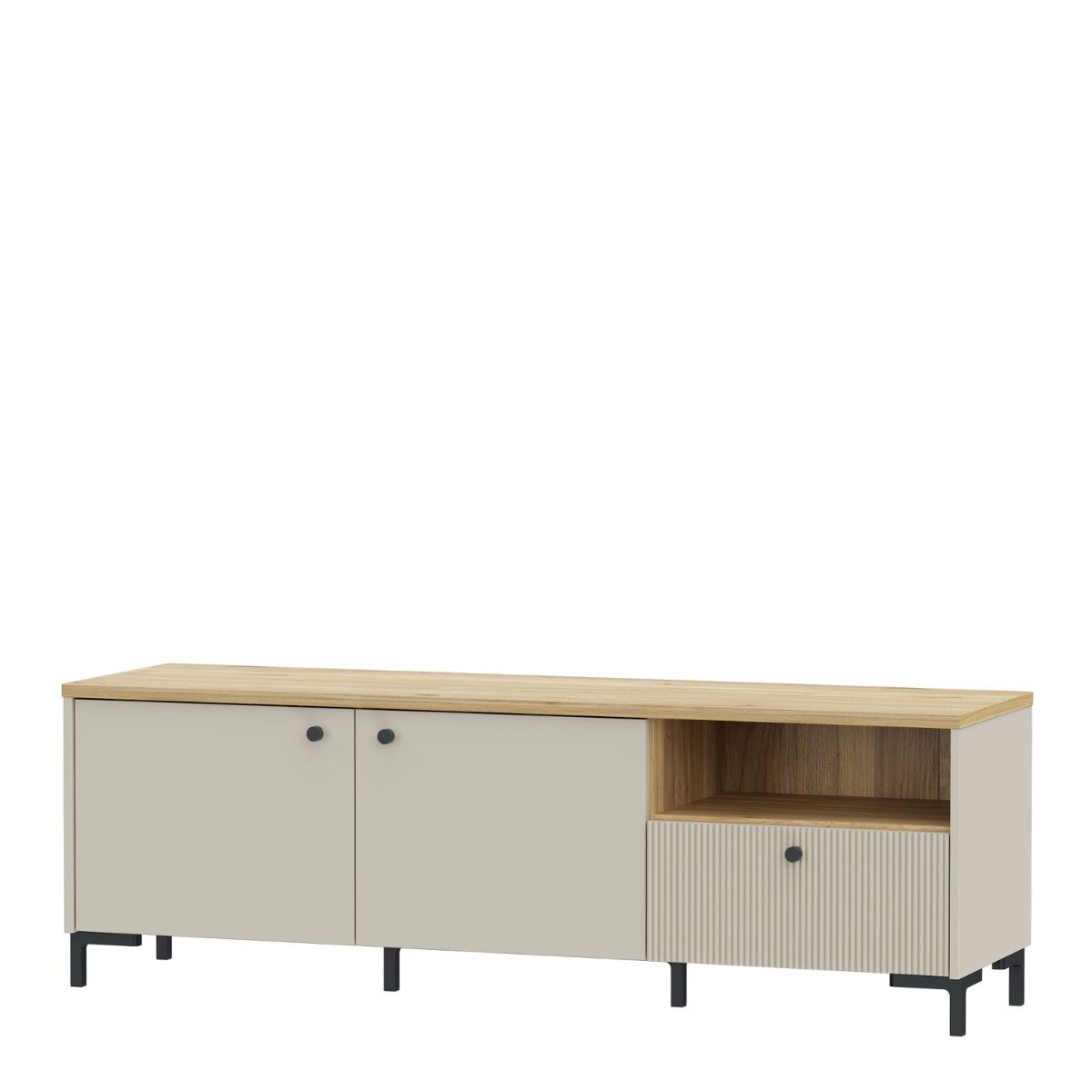 Bixbite Wide TV Unit with Fluted Drawer, Open Shelf & Cupboard in Mauvella Brown and Sand