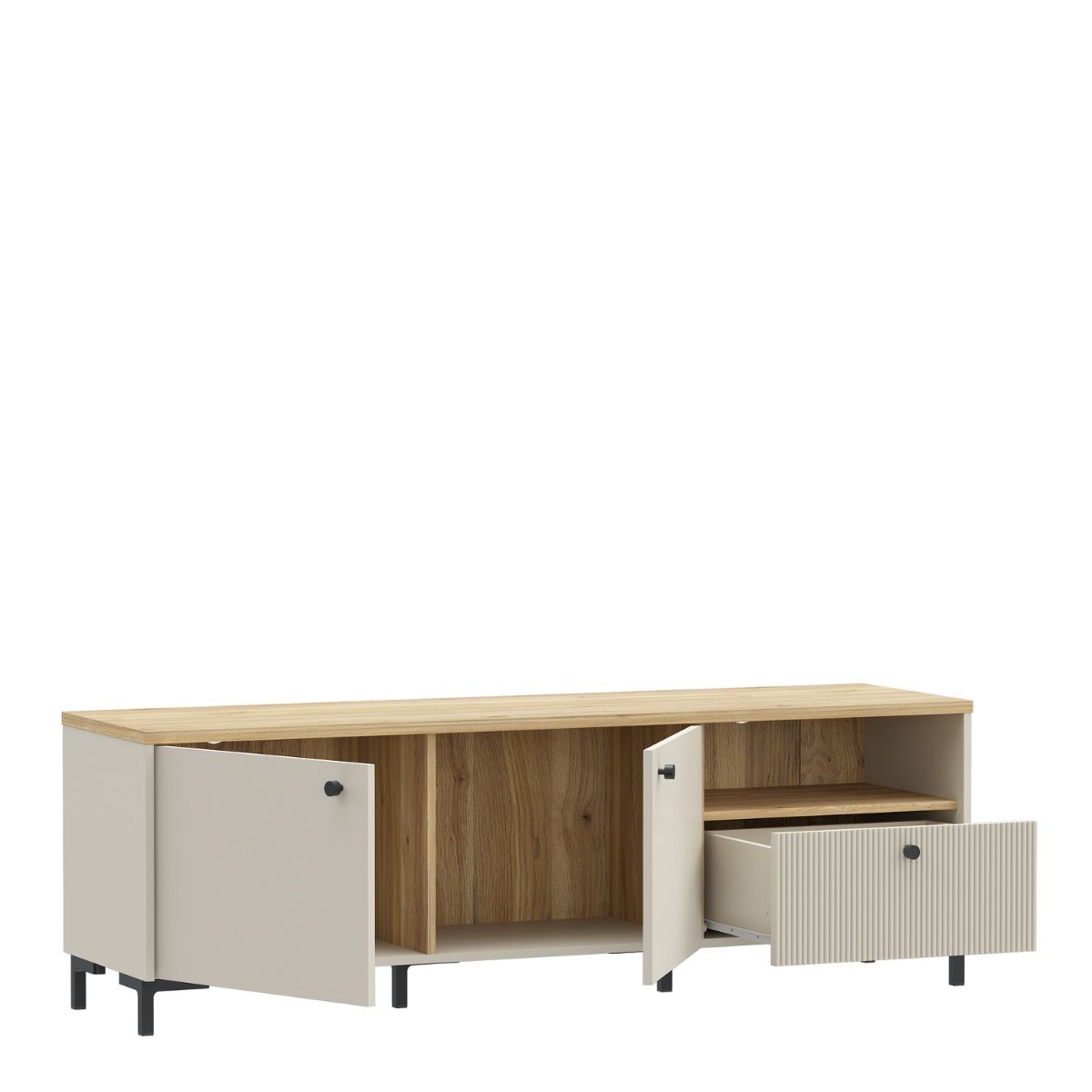 Bixbite Wide TV Unit with Fluted Drawer, Open Shelf & Cupboard in Mauvella Brown and Sand