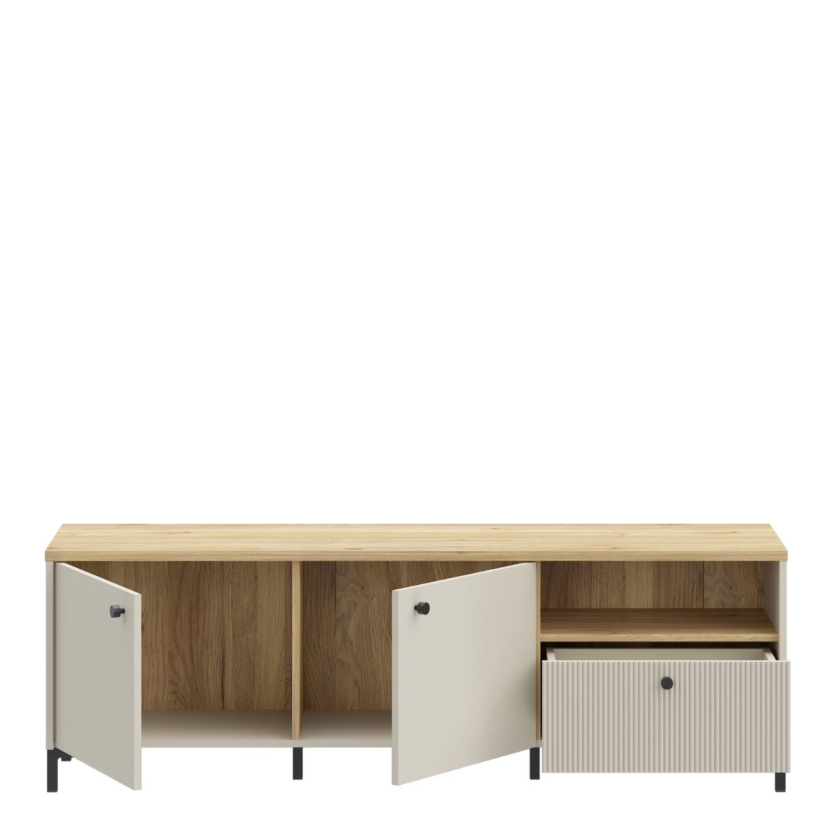 Bixbite Wide TV Unit with Fluted Drawer, Open Shelf & Cupboard in Mauvella Brown and Sand