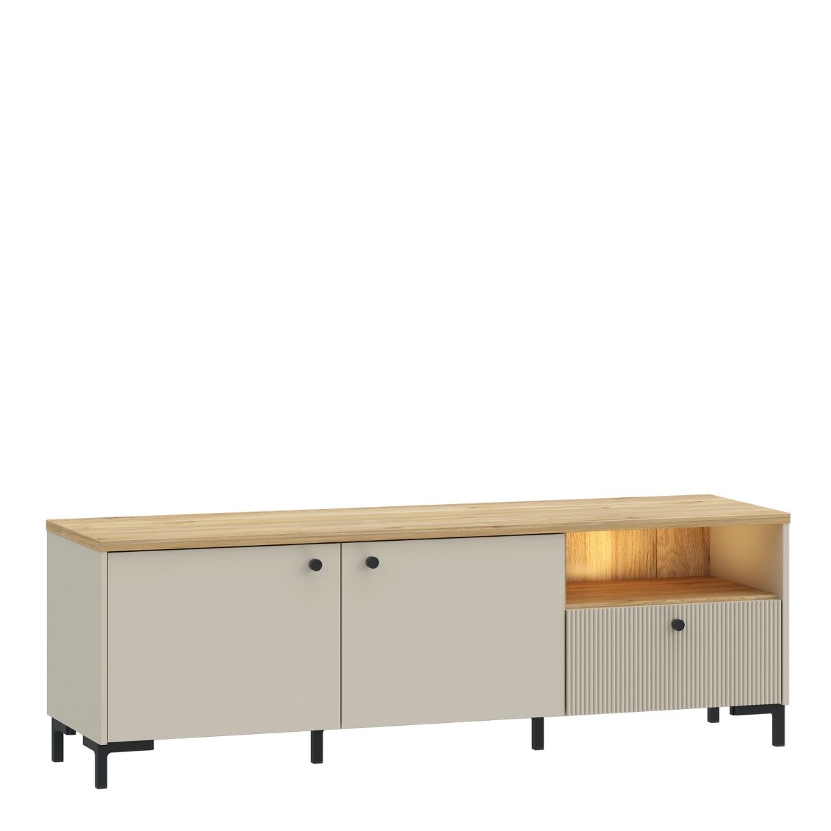 Bixbite Wide TV Unit with Fluted Drawer, Open Shelf & Cupboard in Mauvella Brown and Sand