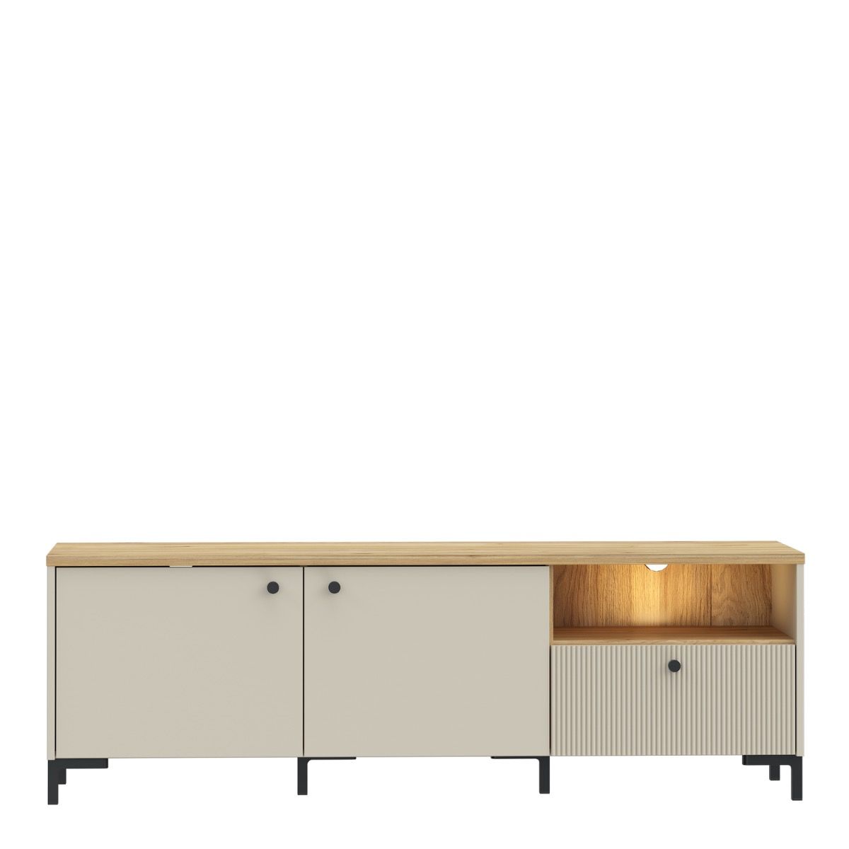 Bixbite Wide TV Unit with Fluted Drawer, Open Shelf & Cupboard in Mauvella Brown and Sand