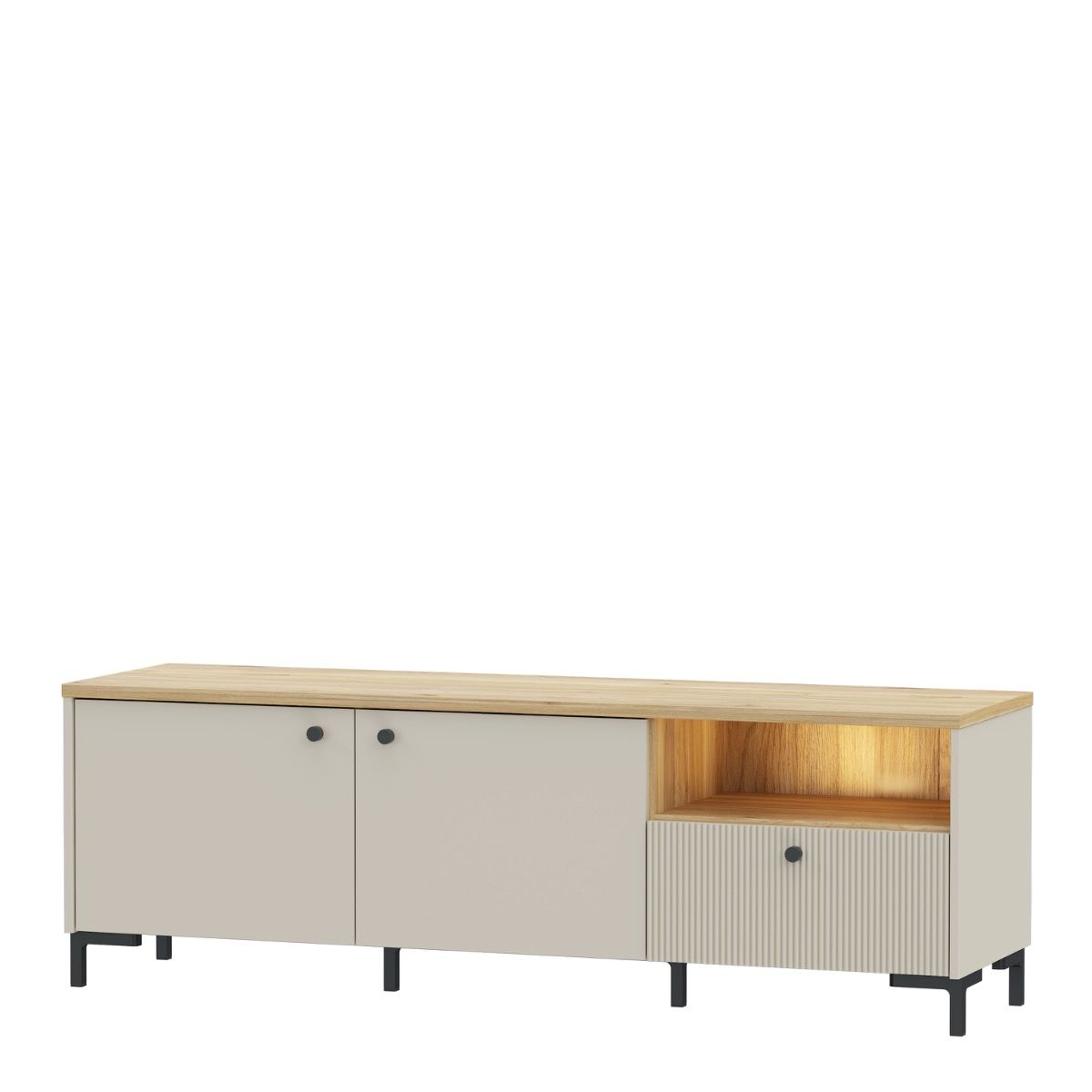 Bixbite Wide TV Unit with Fluted Drawer, Open Shelf & Cupboard in Mauvella Brown and Sand