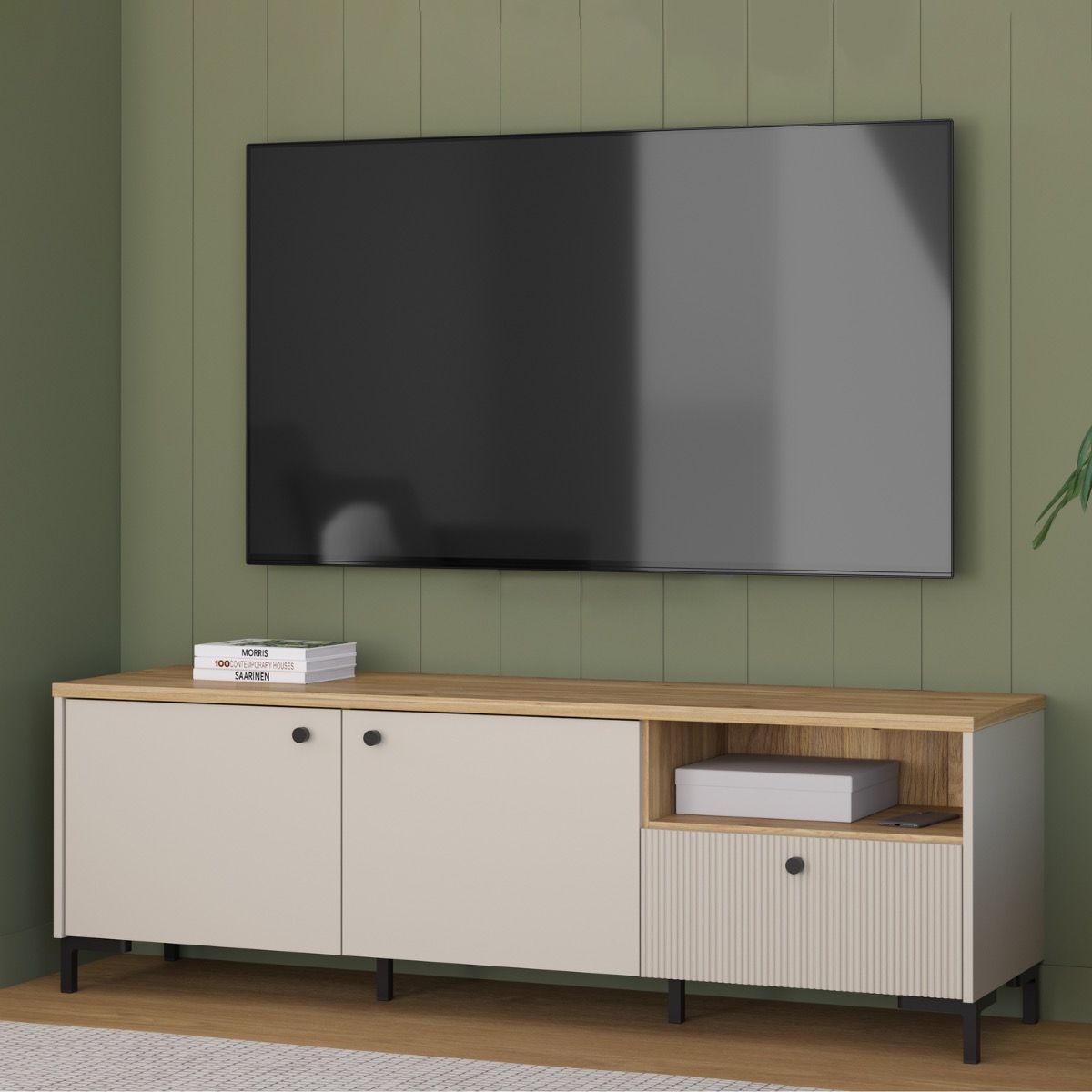 Bixbite Wide TV Unit with Fluted Drawer, Open Shelf & Cupboard in Mauvella Brown and Sand